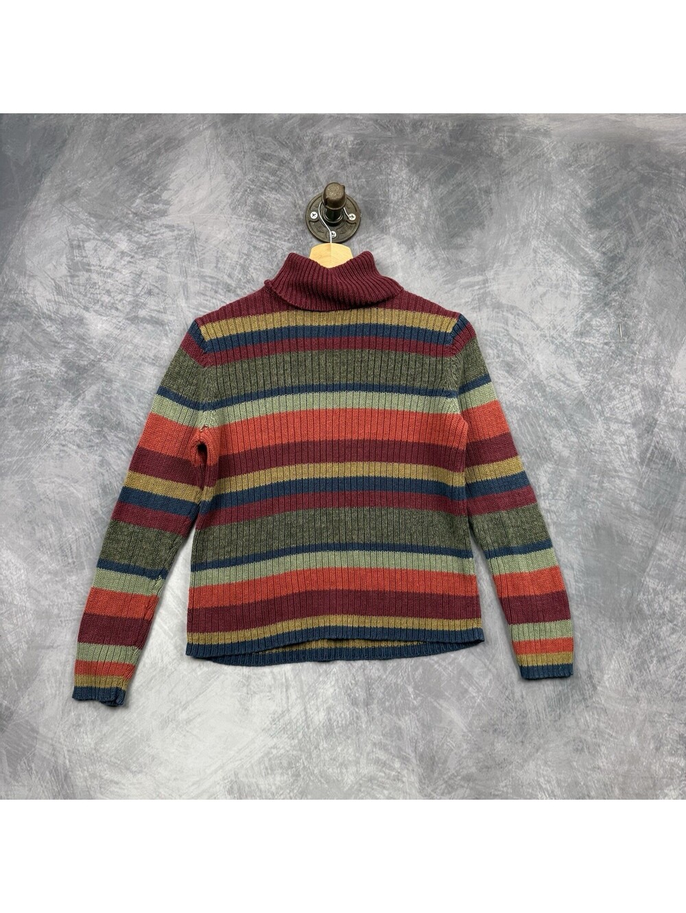 Vintage 90s Striped Ribbed Turtleneck Chunky Knit Top S